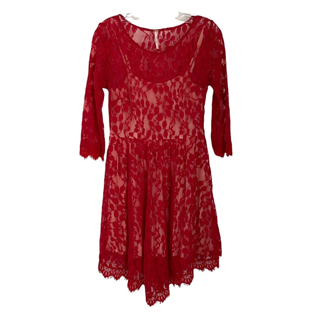 Free People Hot Red Floral Mesh Lace 3/4 Sleeve Mini Dress 4 Women's